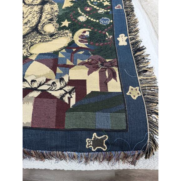 Vintage Christmas Tapestry Throw Blanket Teddy Train Soldiers Fringe Nostalgic - Picture 4 of 15